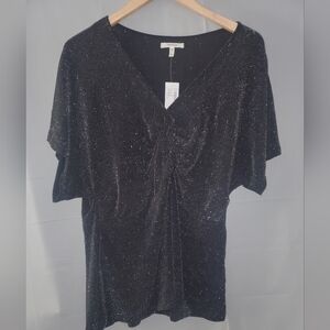 NWT Maurices 2X Black Metallic Mesh Twist Front Short Sleeve Top